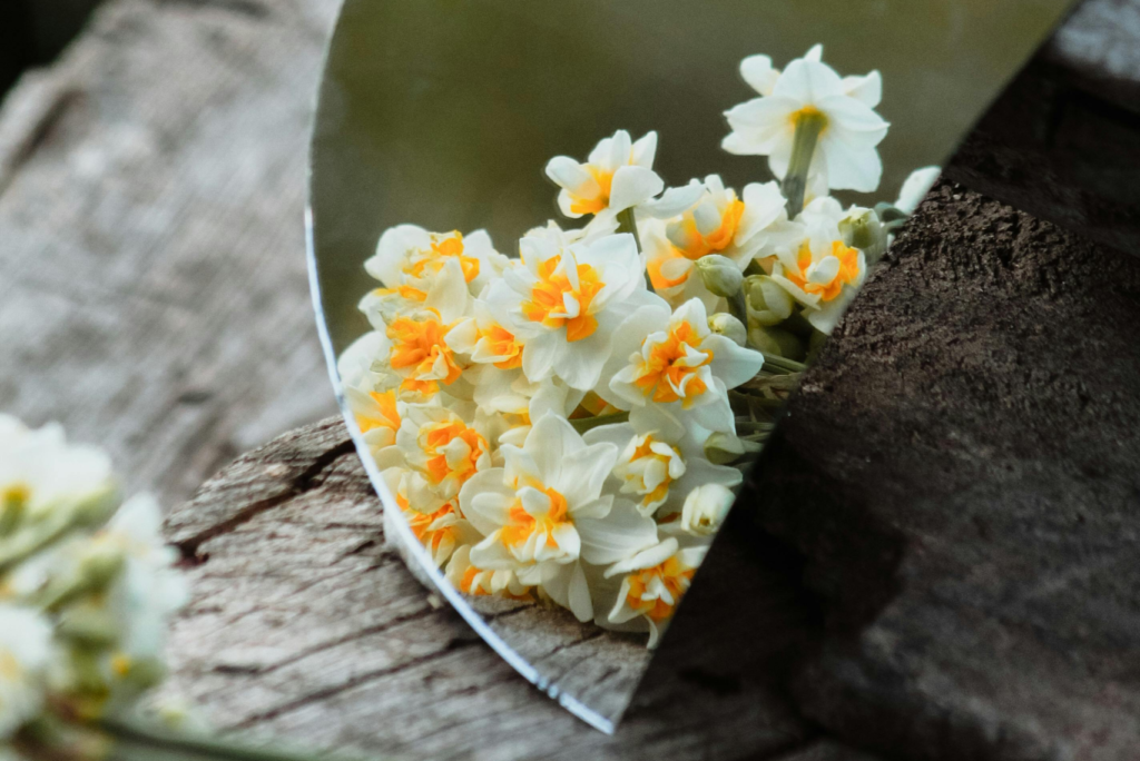 A soft reflection of flowers in a mirror representing the journey of how to get flawless skin through self-love.